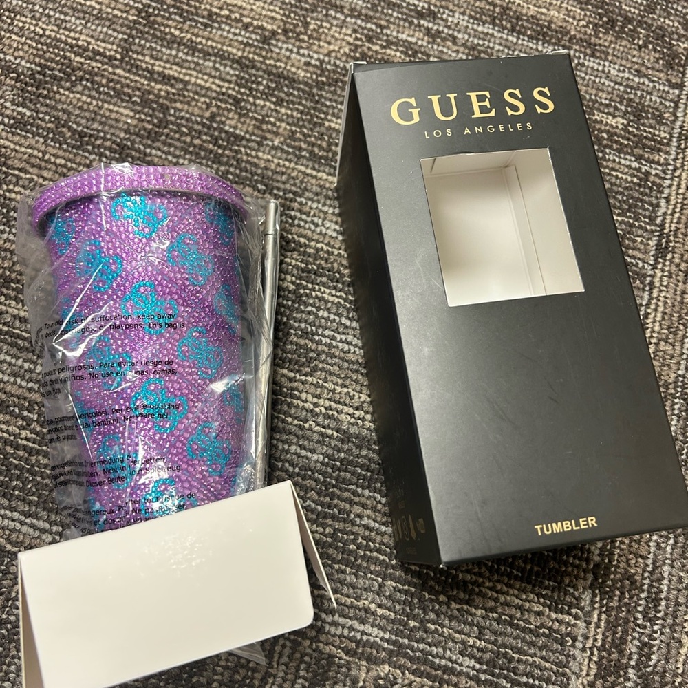 Guess bedazzled Vibrant Purple Tumbler with Straw.